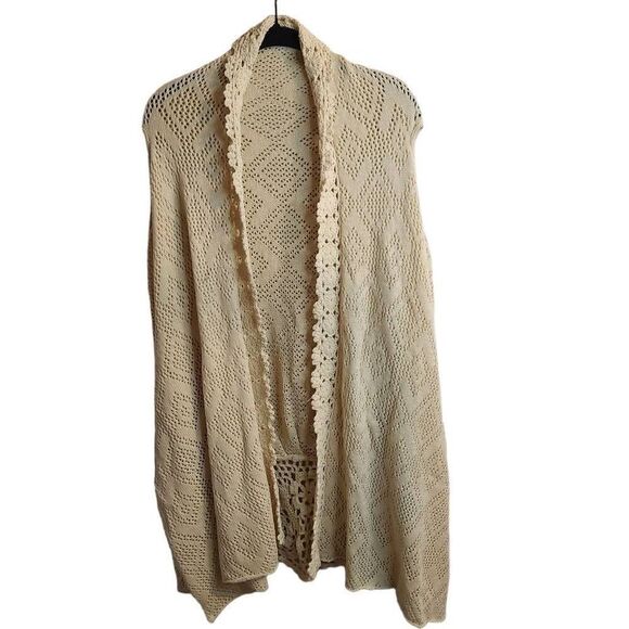 Rebecca Elliot NWOT Crochet Lace Cream Sleeveless Boho Cardigan Perfect Fall Lay - Picture 1 of 12